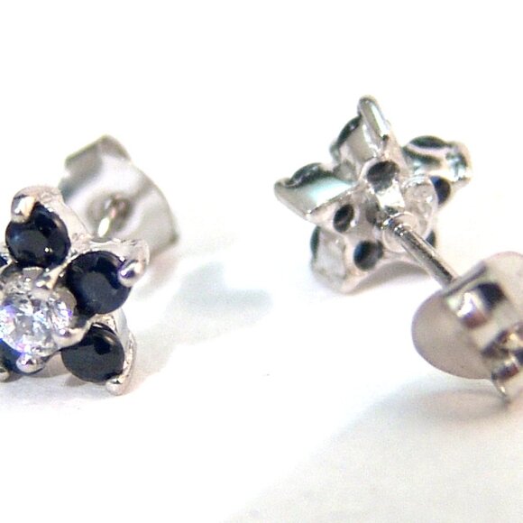 Genuine Sapphire Sterling Silver Stud Earrings Anti-tarnish Flower Design - Picture 8 of 8